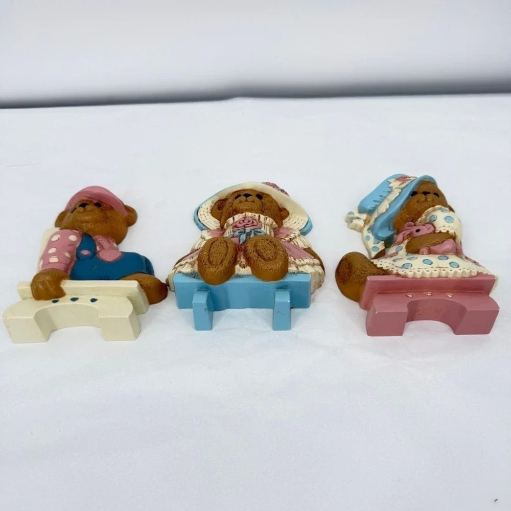 Burwood Products Wall Hanging Teddy Bear Trio VTG Decor Set 3375 Nursery MCM
